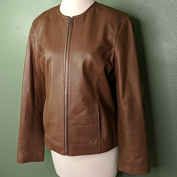 Bernardo Leather Classic Round Neck Carmel Jacket - Picture 2 of 8